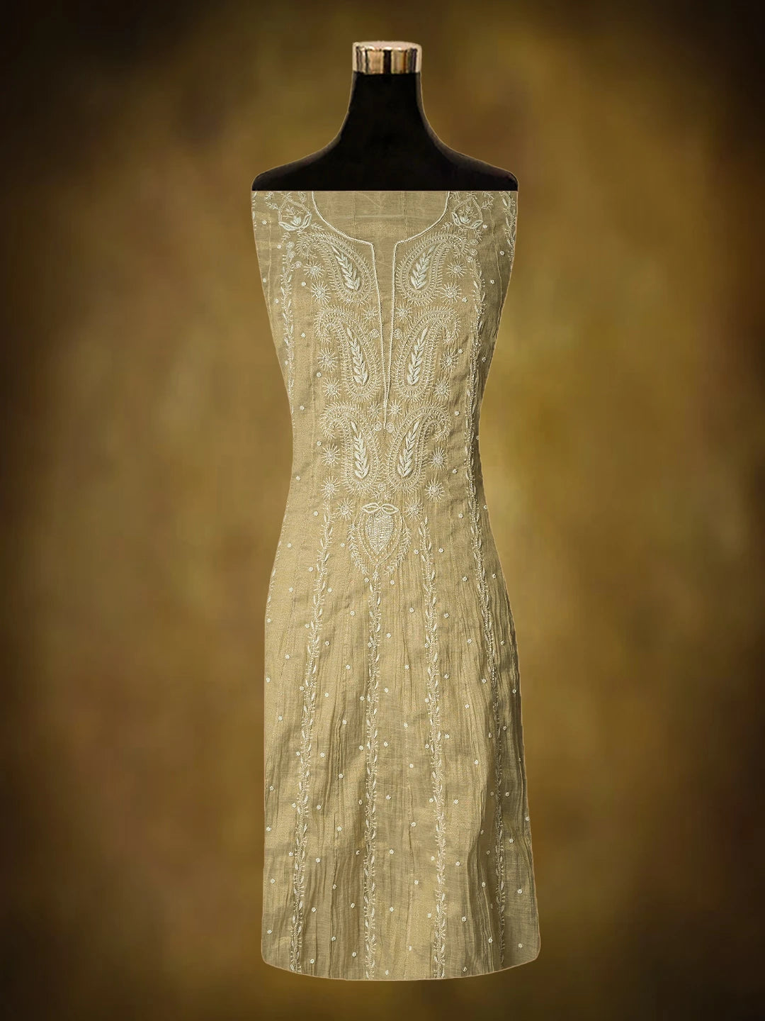 Ada Hand Embroidered Fawn Tissue Lucknowi Chikankari Semi-Stitched Anarkali Kurta Dupatta Set With Cutdana Work 01A799981