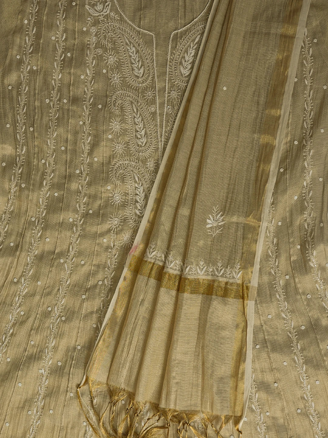 Ada Hand Embroidered Fawn Tissue Lucknowi Chikankari Semi-Stitched Anarkali Kurta Dupatta Set With Cutdana Work 01A799981