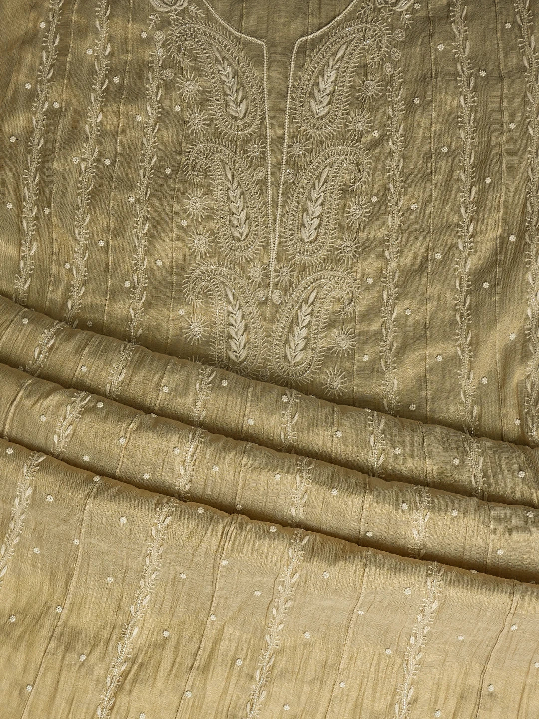 Ada Hand Embroidered Fawn Tissue Lucknowi Chikankari Semi-Stitched Anarkali Kurta Dupatta Set With Cutdana Work 01A799981