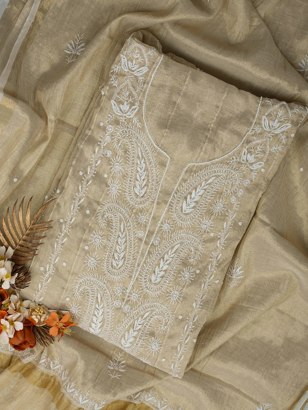 Ada Hand Embroidered Fawn Tissue Lucknowi Chikankari Semi-Stitched Anarkali Kurta Dupatta Set With Cutdana Work 01A799981