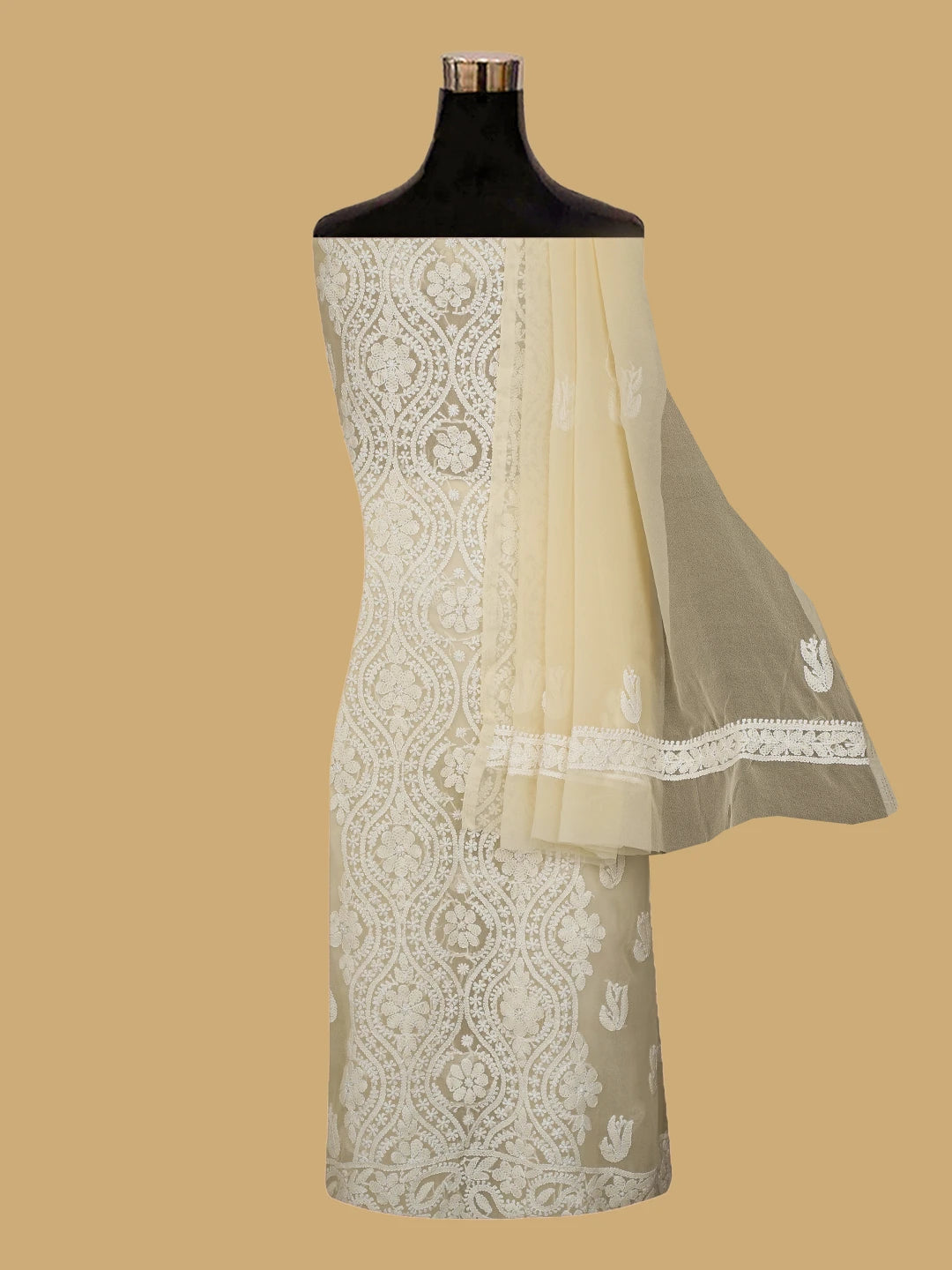 Ada Hand Embroidered Cream Georgette Lucknowi Chikankari Unstitched Suit Piece 01A793553