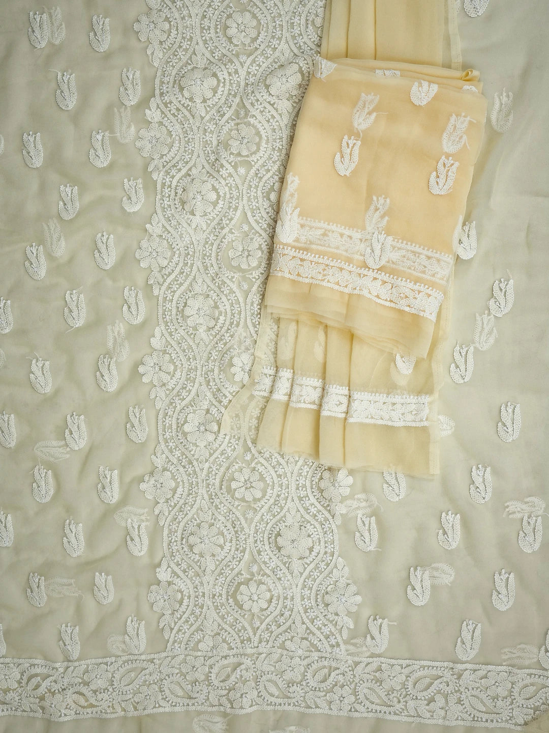 Ada Hand Embroidered Cream Georgette Lucknowi Chikankari Unstitched Suit Piece 01A793553