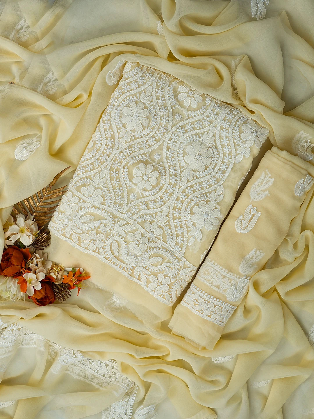 Ada Hand Embroidered Cream Georgette Lucknowi Chikankari Unstitched Suit Piece 01A793553