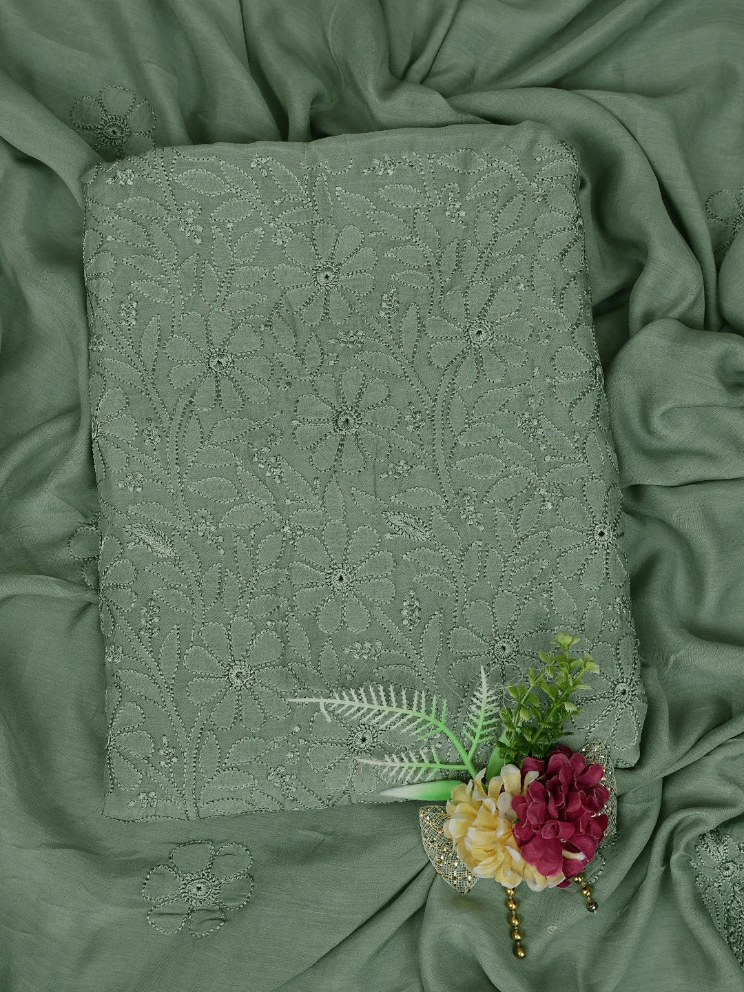 Ada Hand Embroidered Olive Green Georgette Lucknowi Chikankari Unstitched Suit Piece 01A798322