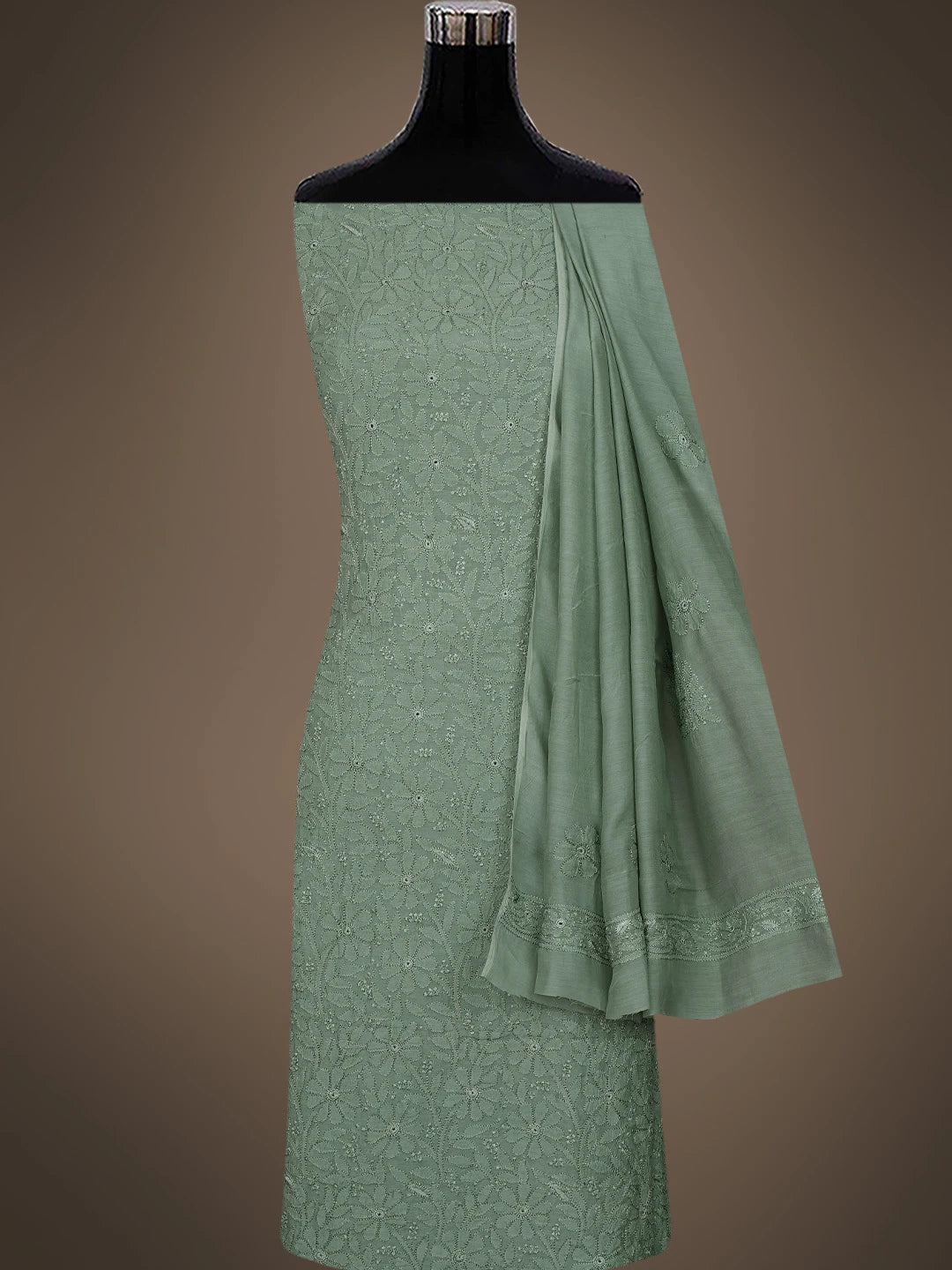Ada Hand Embroidered Olive Green Georgette Lucknowi Chikankari Unstitched Suit Piece 01A798322