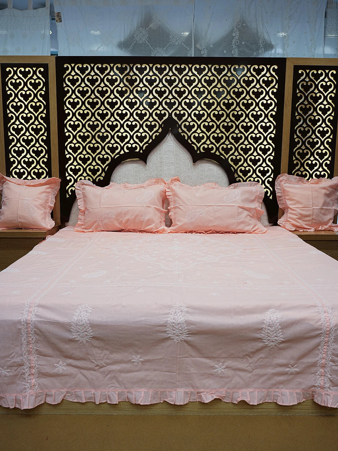 Ada Hand Embroidered Peach Cotton Lucknowi Chikankari Bed Sheet With Pillow Cover Set 01A757557