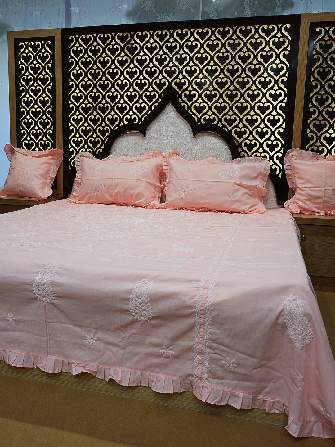Ada Hand Embroidered Peach Cotton Lucknowi Chikankari Bed Sheet With Pillow Cover Set 01A757557