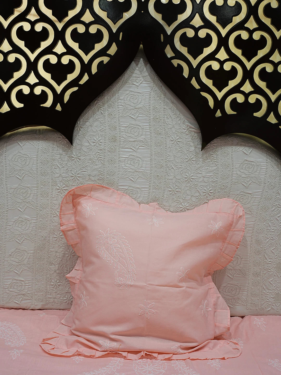 Ada Hand Embroidered Peach Cotton Lucknowi Chikankari Bed Sheet With Pillow Cover Set 01A757557