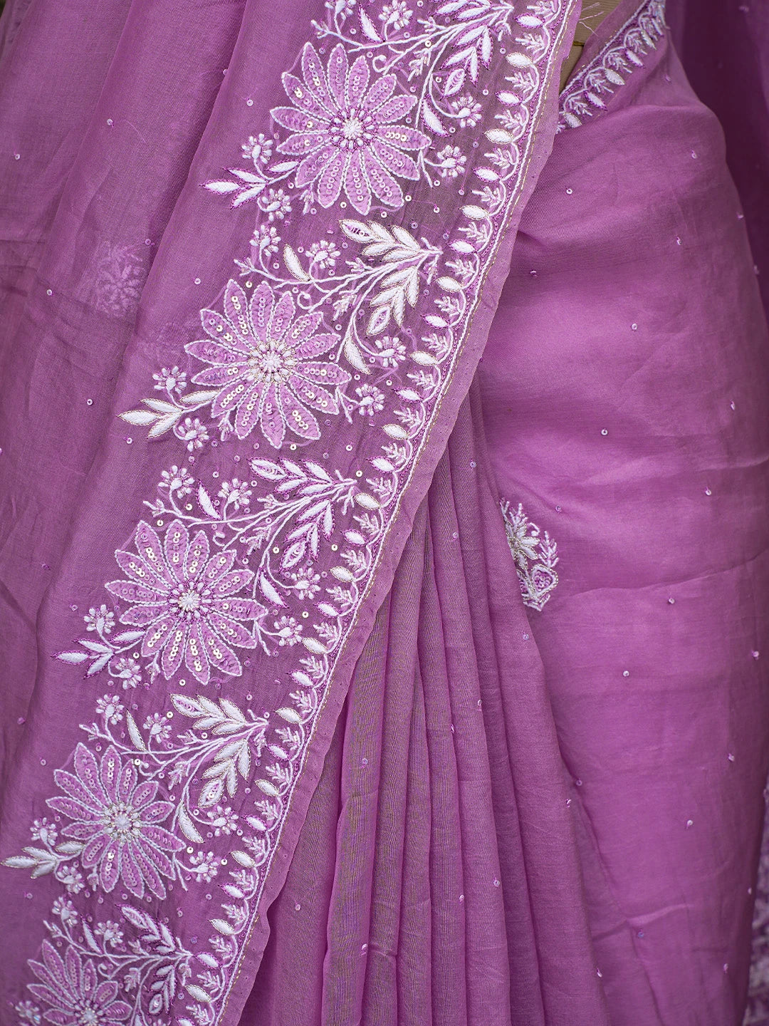Ada Hand Embroidered Mauve Organza Lucknowi Chikankari Saree and Blouse With Cutdana Work 01A719959