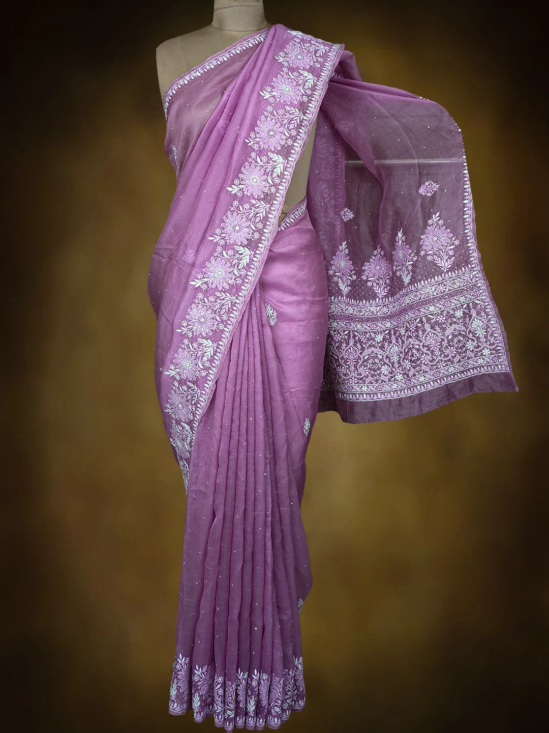 Ada Hand Embroidered Mauve Organza Lucknowi Chikankari Saree and Blouse With Cutdana Work 01A719959