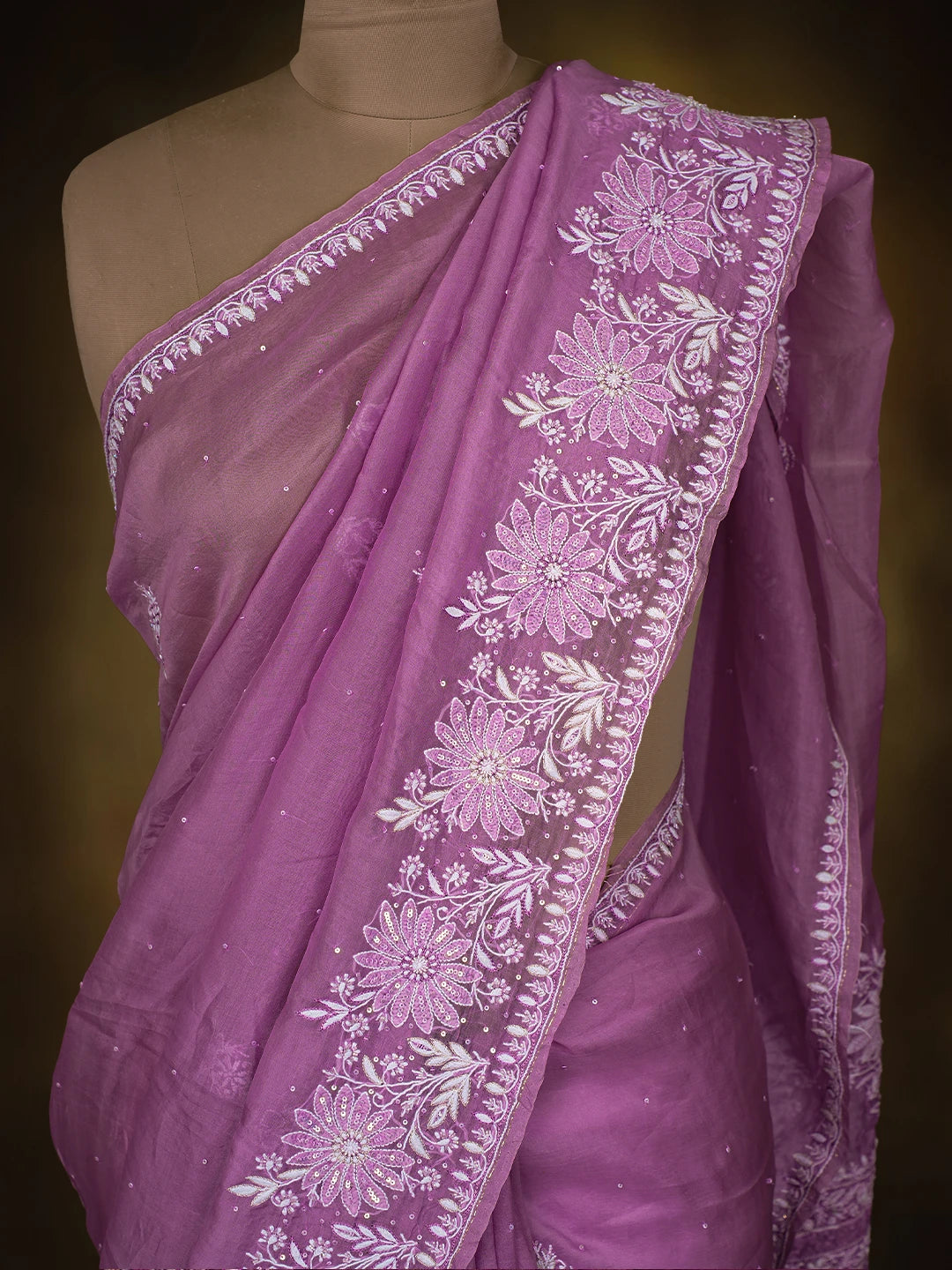 Ada Hand Embroidered Mauve Organza Lucknowi Chikankari Saree and Blouse With Cutdana Work 01A719959