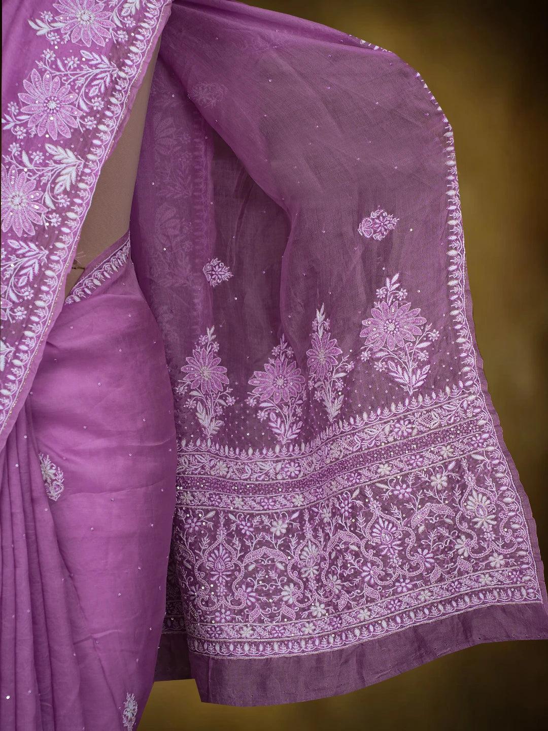 Ada Hand Embroidered Mauve Organza Lucknowi Chikankari Saree and Blouse With Cutdana Work 01A719959