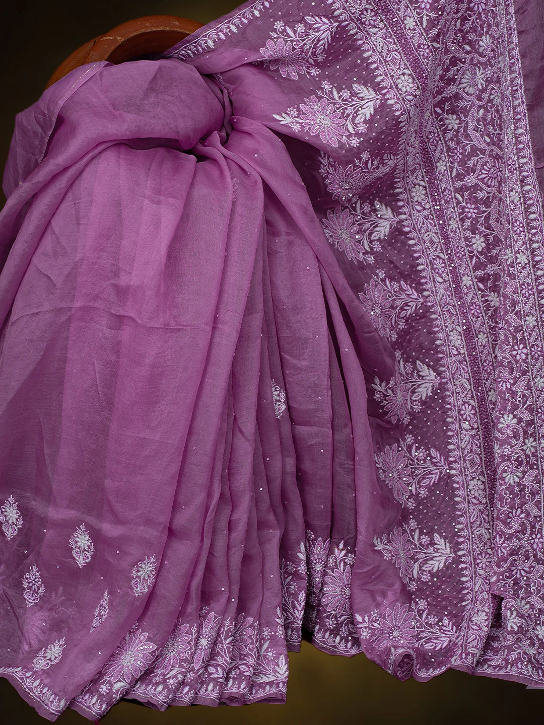 Ada Hand Embroidered Mauve Organza Lucknowi Chikankari Saree and Blouse With Cutdana Work 01A719959