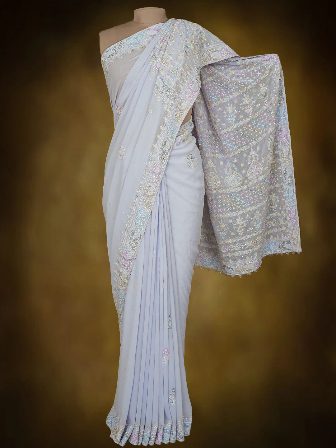Ada Hand Embroidered Lavender Pure Georgette Lucknowi Chikankari Saree and Blouse With Cutdana Work 01A628058