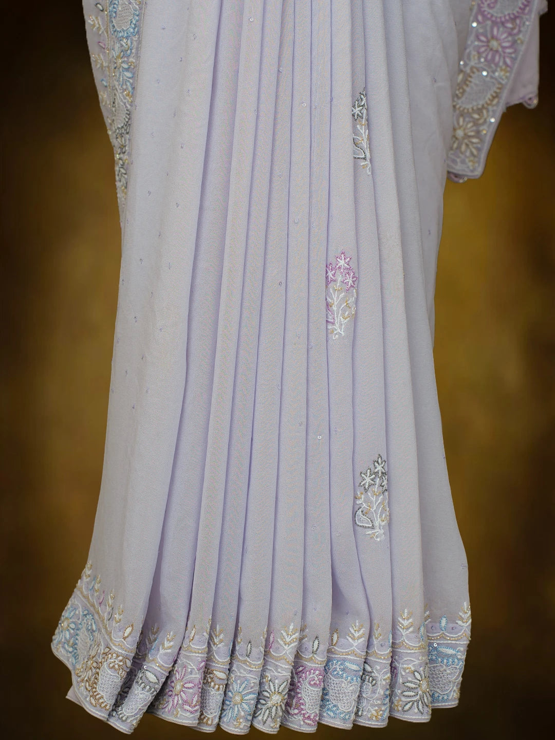 Ada Hand Embroidered Lavender Pure Georgette Lucknowi Chikankari Saree and Blouse With Cutdana Work 01A628058