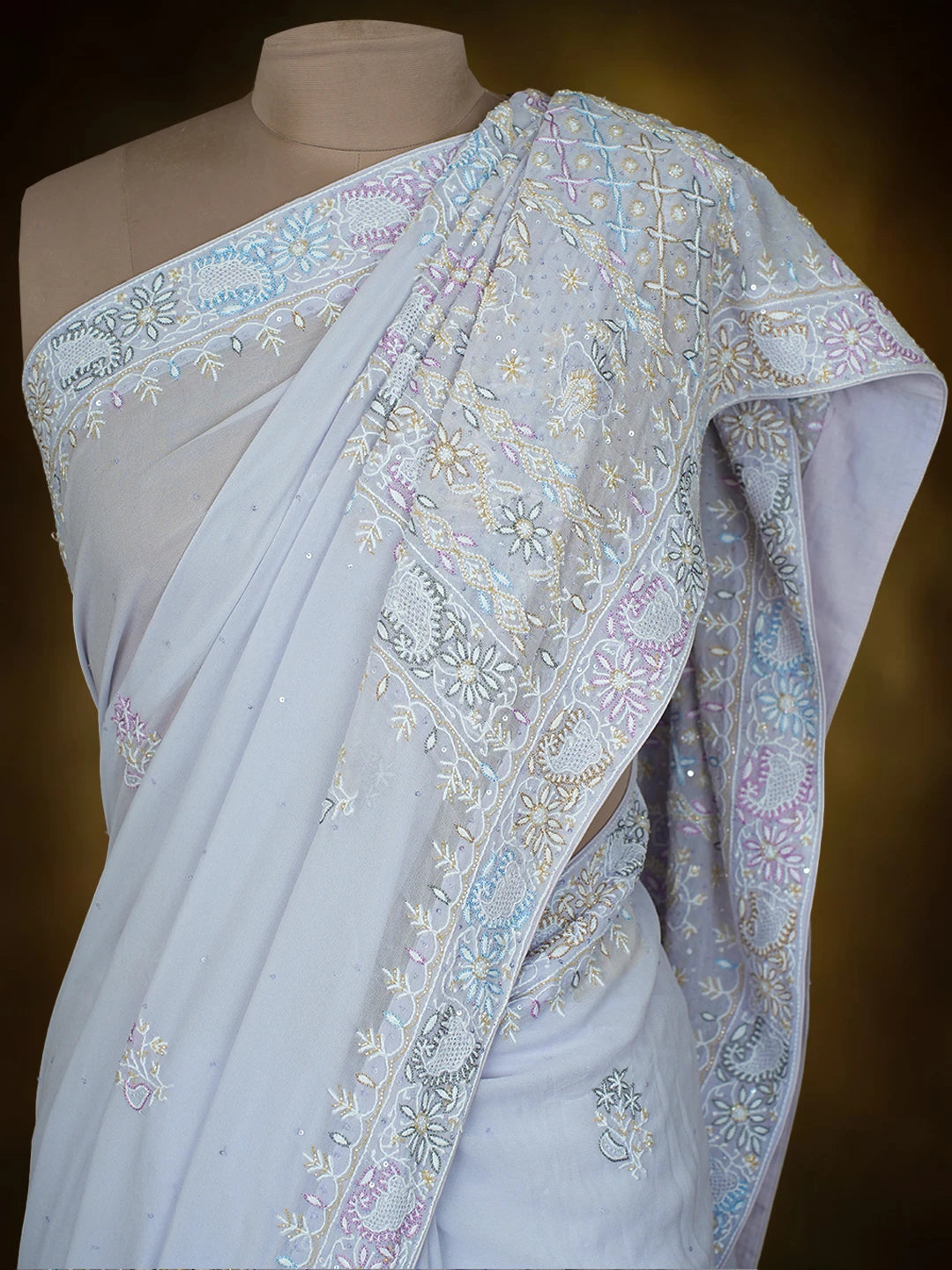 Ada Hand Embroidered Lavender Pure Georgette Lucknowi Chikankari Saree and Blouse With Cutdana Work 01A628058