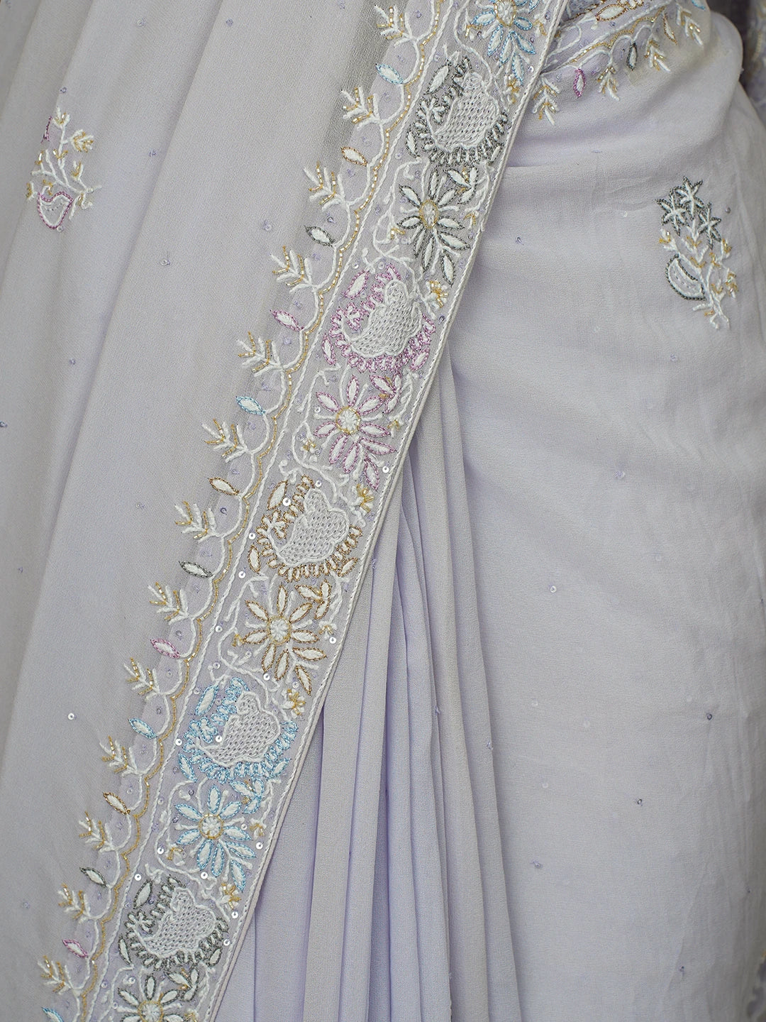 Ada Hand Embroidered Lavender Pure Georgette Lucknowi Chikankari Saree and Blouse With Cutdana Work 01A628058