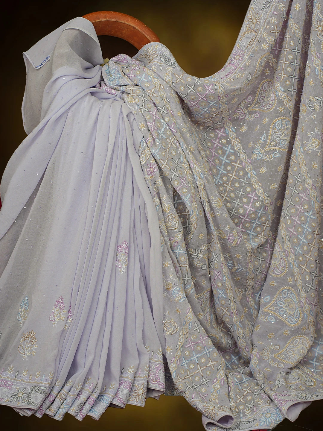 Ada Hand Embroidered Lavender Pure Georgette Lucknowi Chikankari Saree and Blouse With Cutdana Work 01A628058