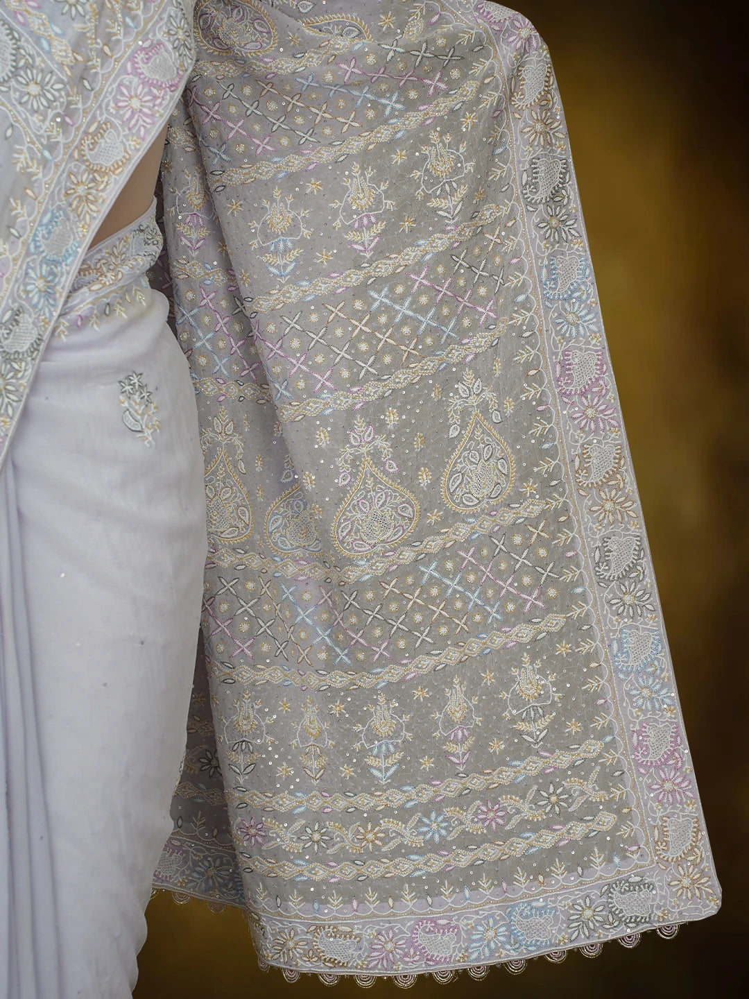 Ada Hand Embroidered Lavender Pure Georgette Lucknowi Chikankari Saree and Blouse With Cutdana Work 01A628058