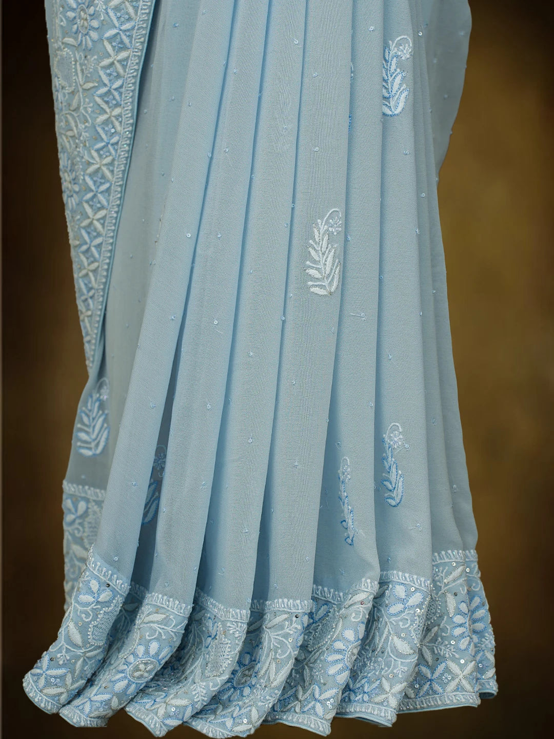 Ada Hand Embroidered Blue Pure Georgette Lucknowi Chikankari Saree and Blouse With Cutdana Work 01A621879