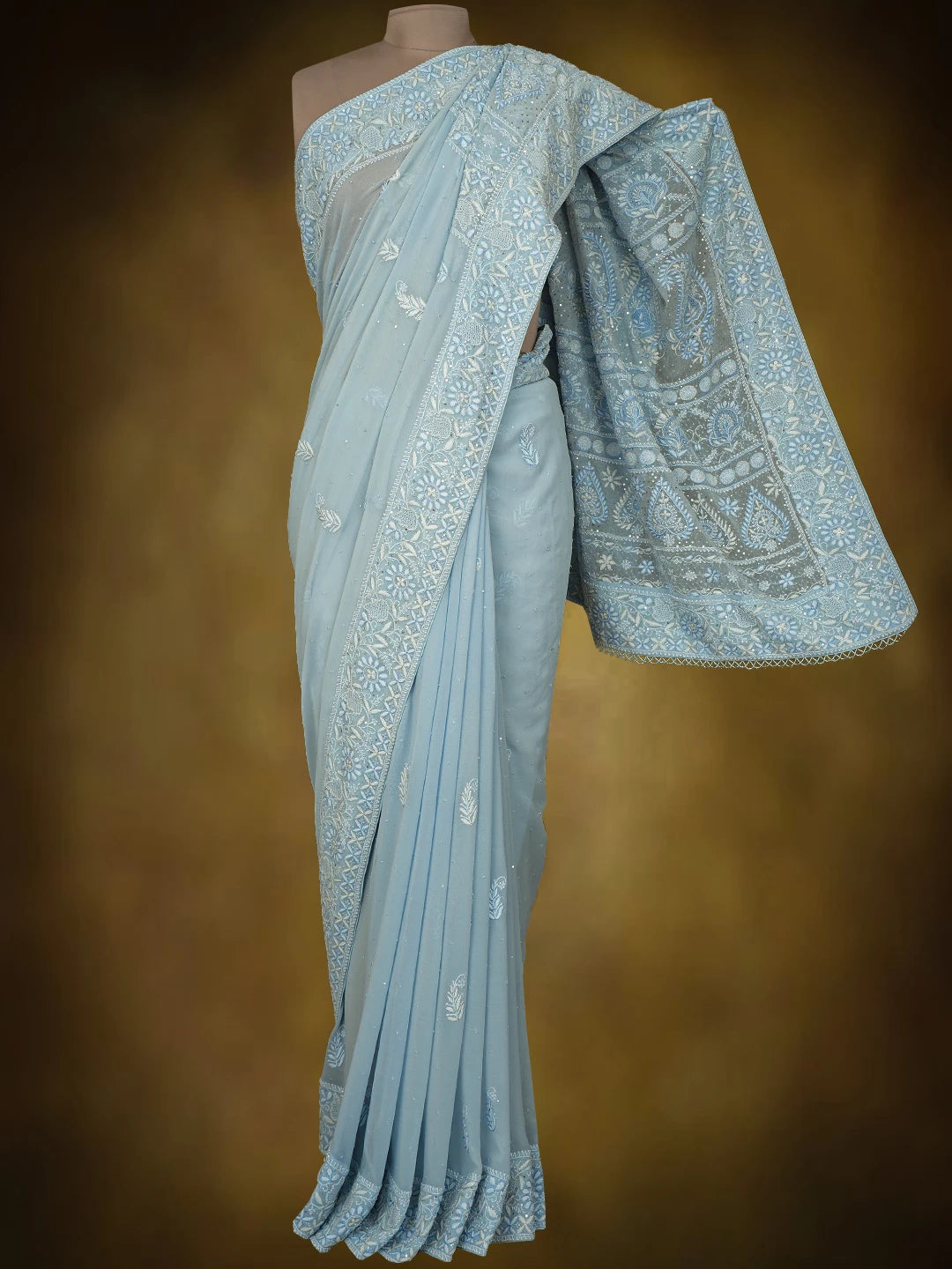 Ada Hand Embroidered Blue Pure Georgette Lucknowi Chikankari Saree and Blouse With Cutdana Work 01A621879