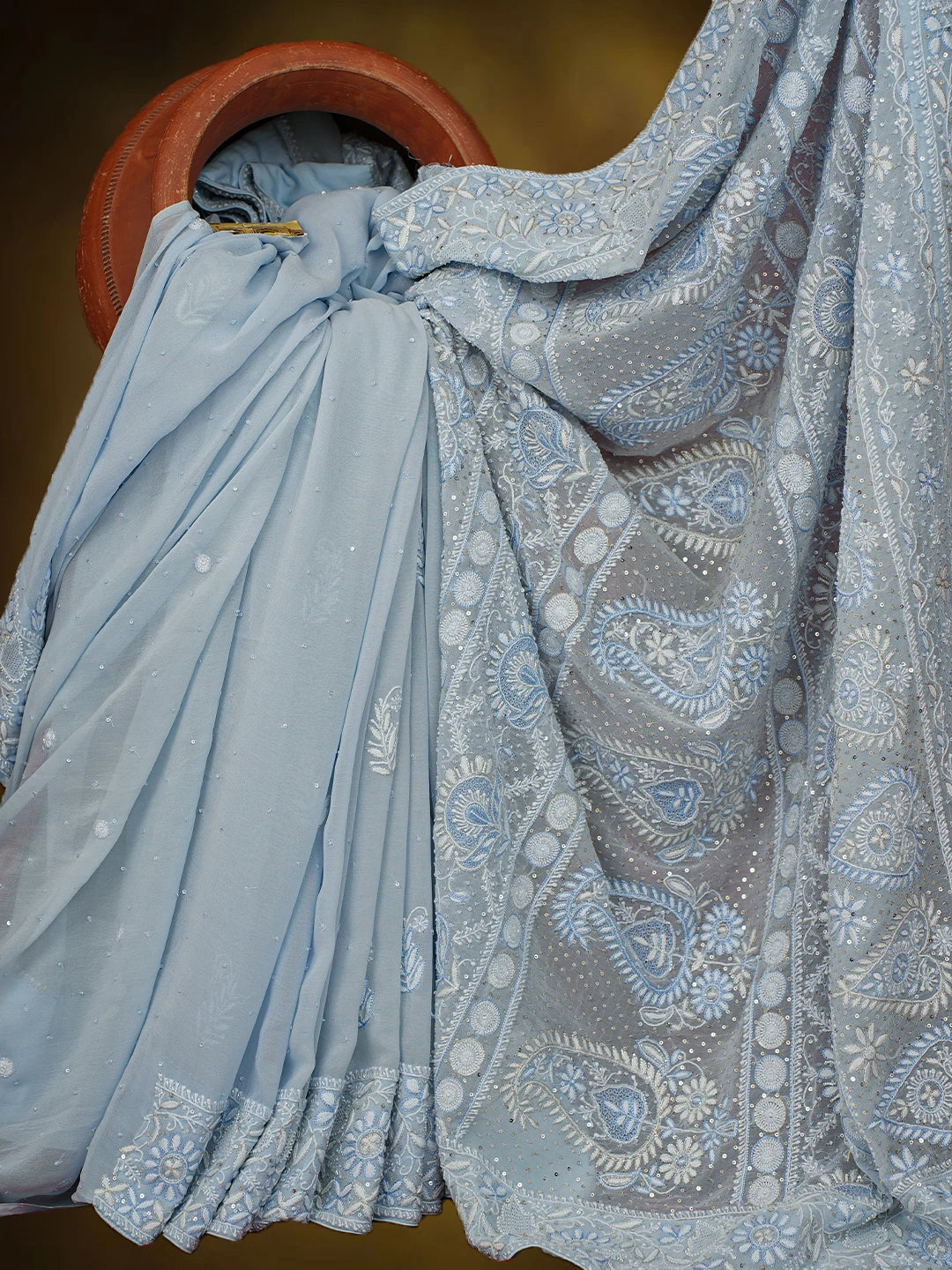 Ada Hand Embroidered Blue Pure Georgette Lucknowi Chikankari Saree and Blouse With Cutdana Work 01A621879