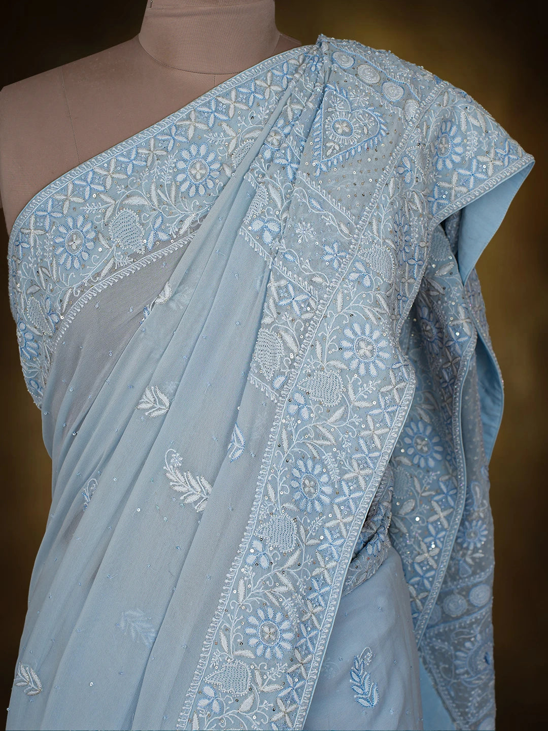 Ada Hand Embroidered Blue Pure Georgette Lucknowi Chikankari Saree and Blouse With Cutdana Work 01A621879