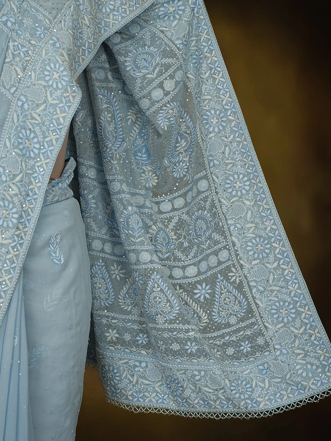 Ada Hand Embroidered Blue Pure Georgette Lucknowi Chikankari Saree and Blouse With Cutdana Work 01A621879