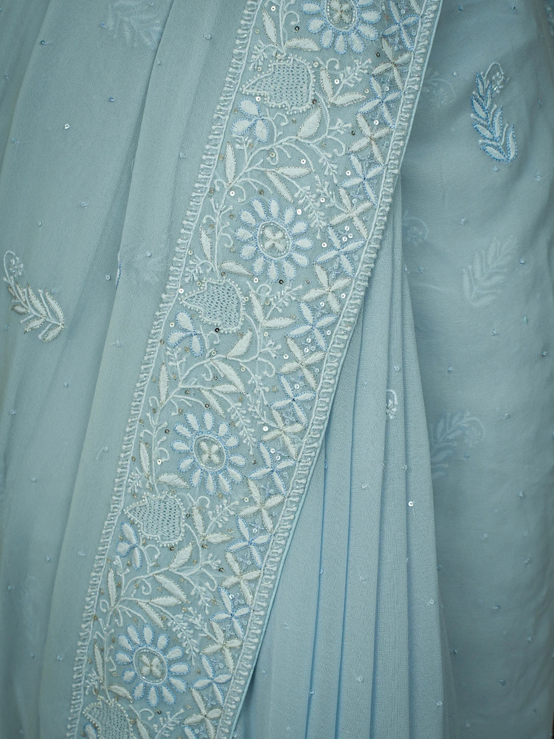 Ada Hand Embroidered Blue Pure Georgette Lucknowi Chikankari Saree and Blouse With Cutdana Work 01A621879