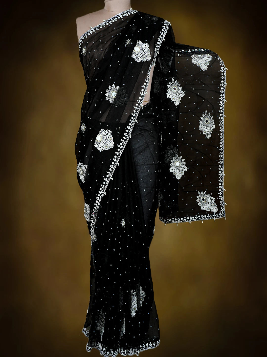 Ada Hand Embroidered Black Organza Lucknowi Chikankari Saree and Blouse With Pearl Work 01A762415