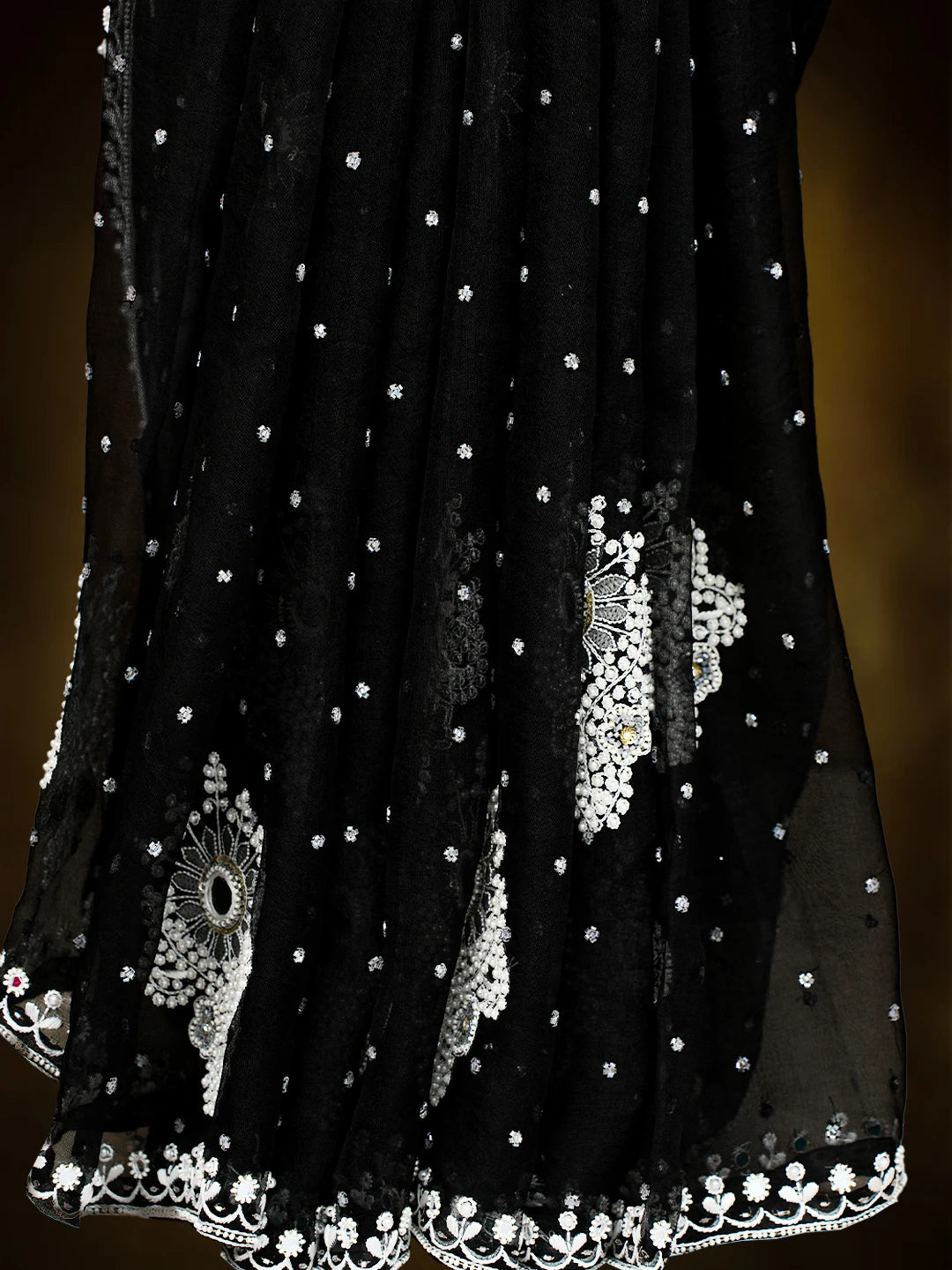 Ada Hand Embroidered Black Organza Lucknowi Chikankari Saree and Blouse With Pearl Work 01A762415