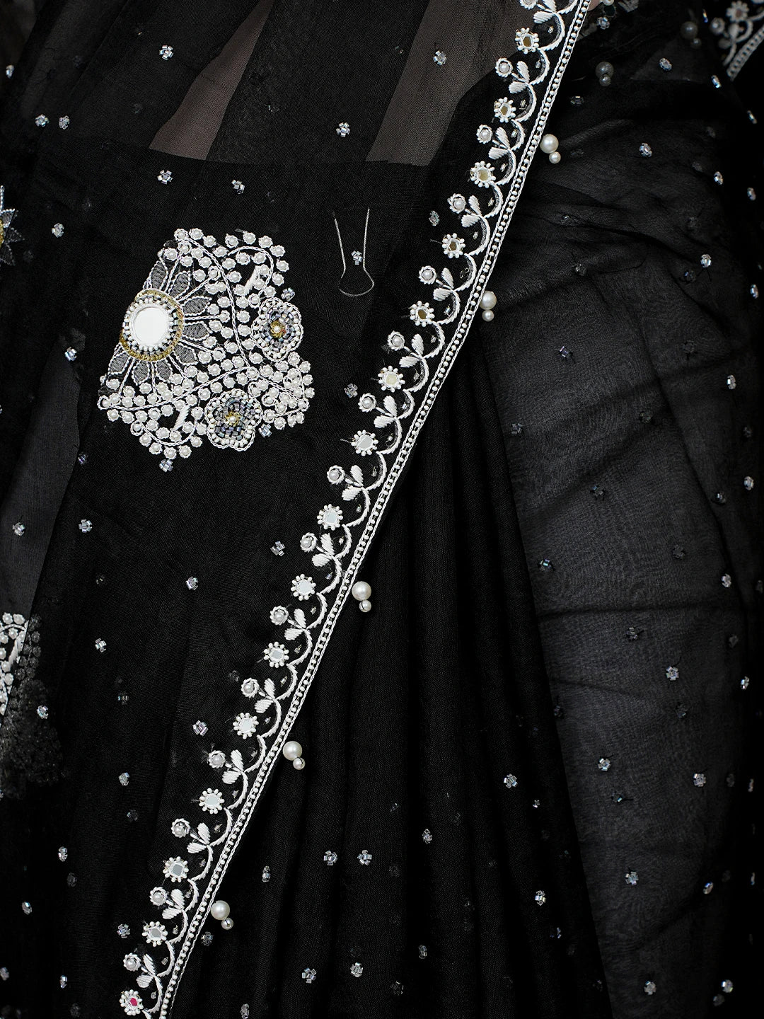 Ada Hand Embroidered Black Organza Lucknowi Chikankari Saree and Blouse With Pearl Work 01A762415