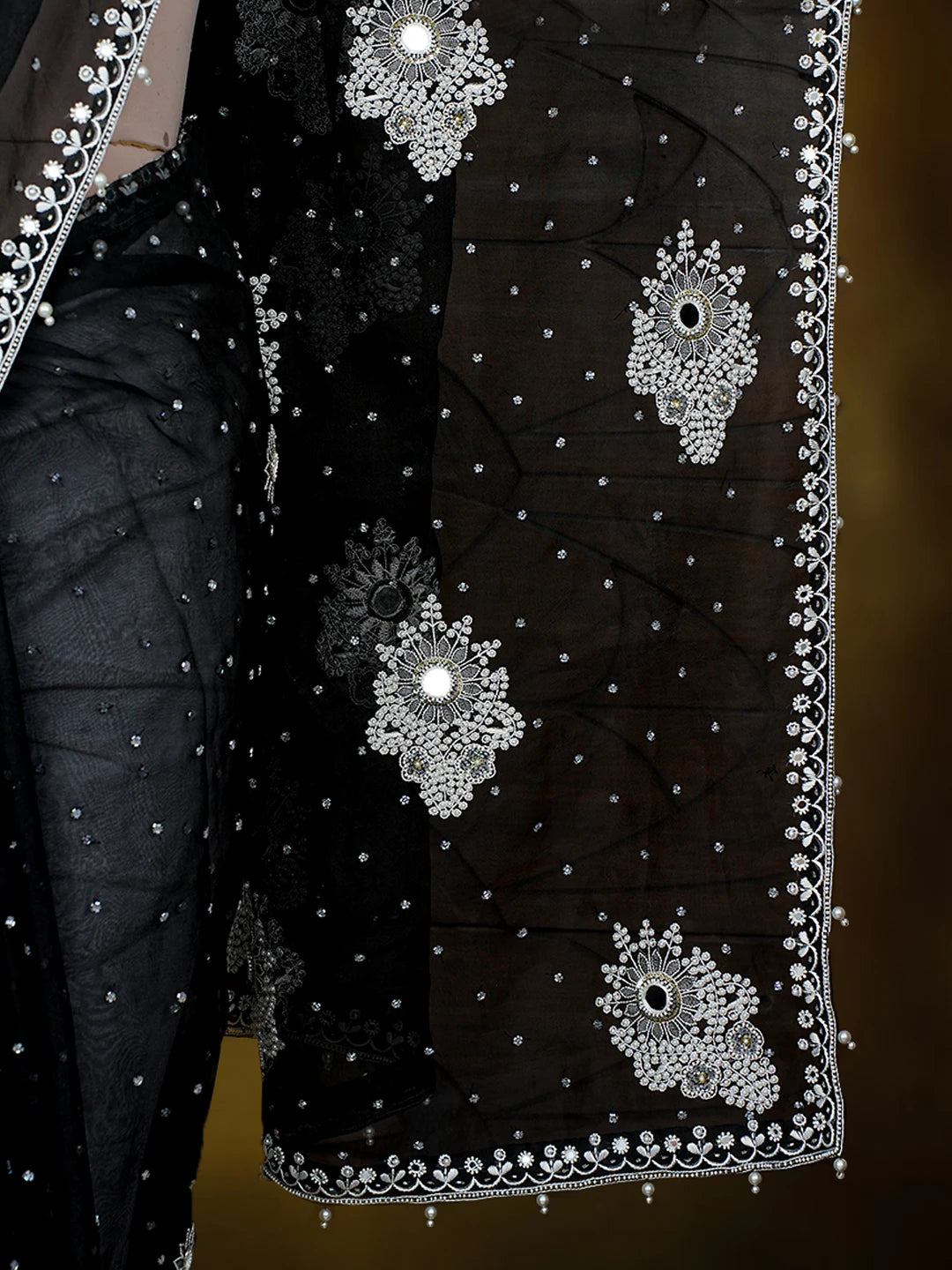 Ada Hand Embroidered Black Organza Lucknowi Chikankari Saree and Blouse With Pearl Work 01A762415