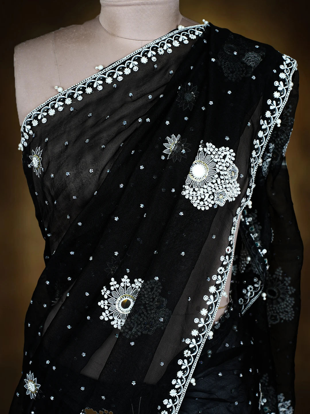Ada Hand Embroidered Black Organza Lucknowi Chikankari Saree and Blouse With Pearl Work 01A762415