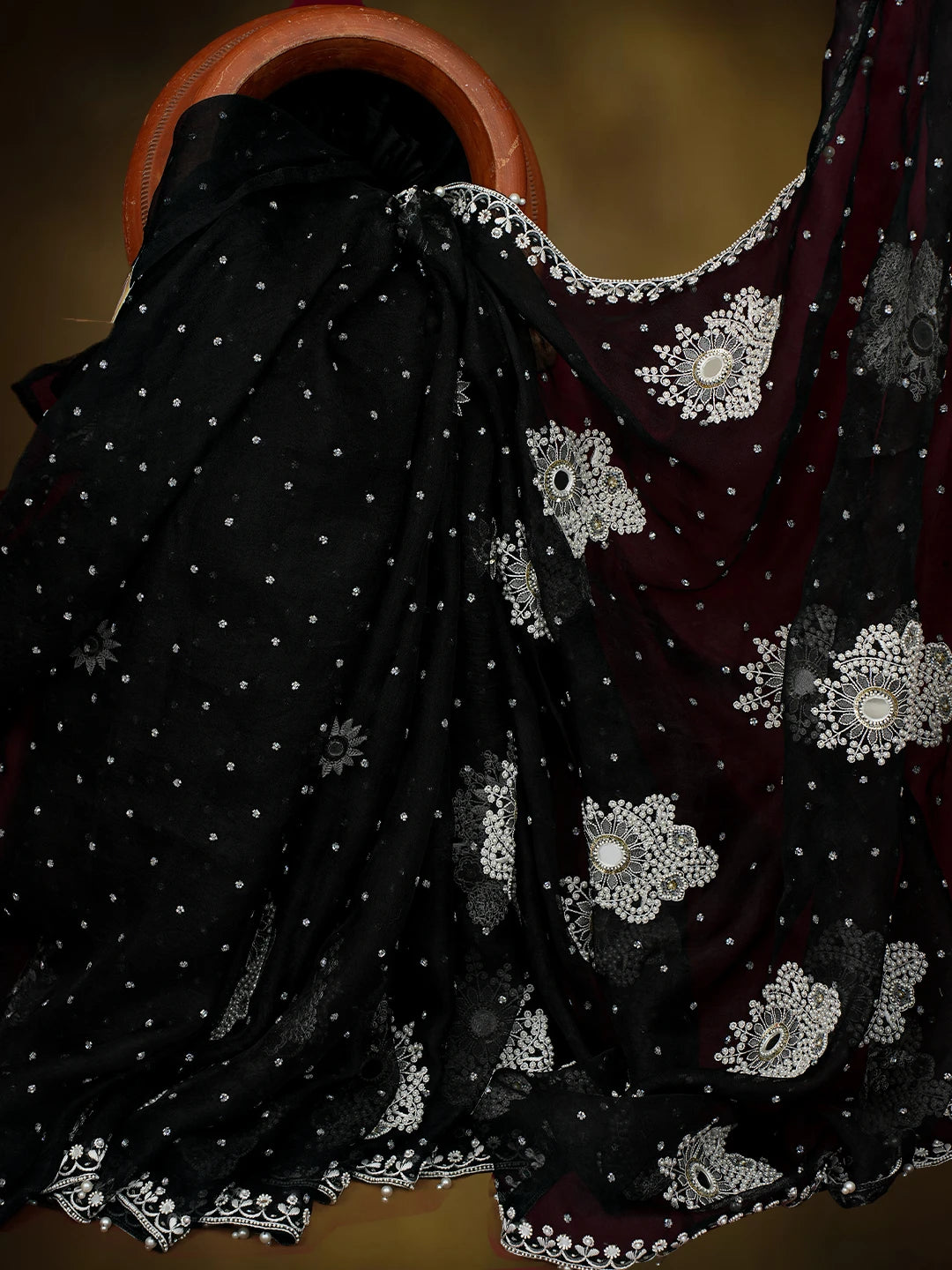 Ada Hand Embroidered Black Organza Lucknowi Chikankari Saree and Blouse With Pearl Work 01A762415