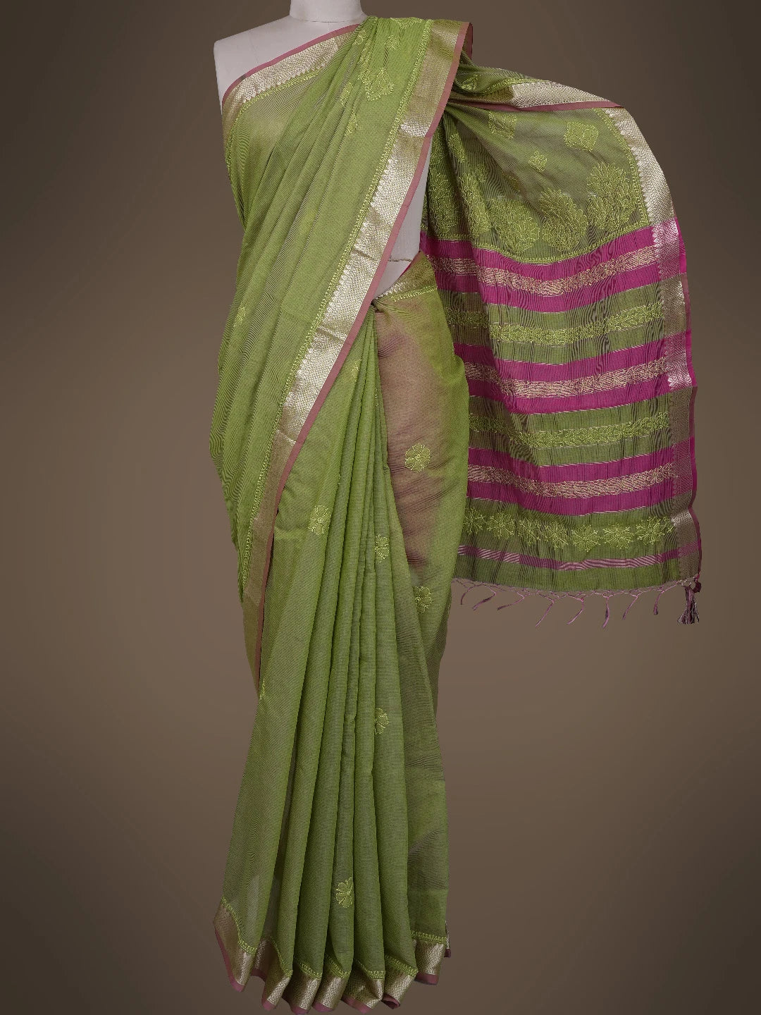 Ada Hand Embroidered Green Kota Chanderi Lucknowi Chikankari Saree With Blouse 01A798662