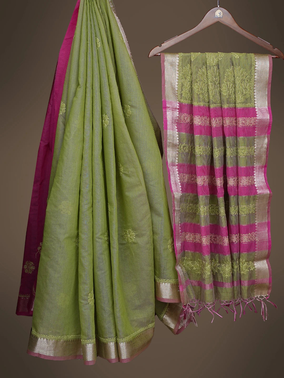 Ada Hand Embroidered Green Kota Chanderi Lucknowi Chikankari Saree With Blouse 01A798662