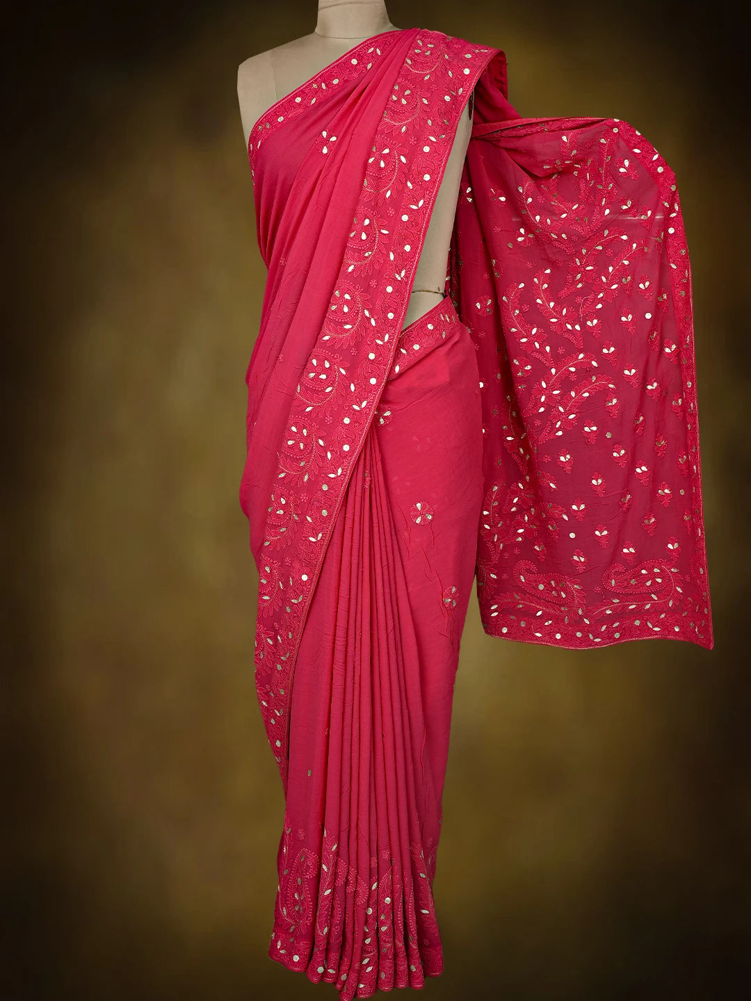Ada Hand Embroidered Magenta Viscose Georgette Lucknowi Chikankari Saree and Blouse With Gota Patti Work 01A745913