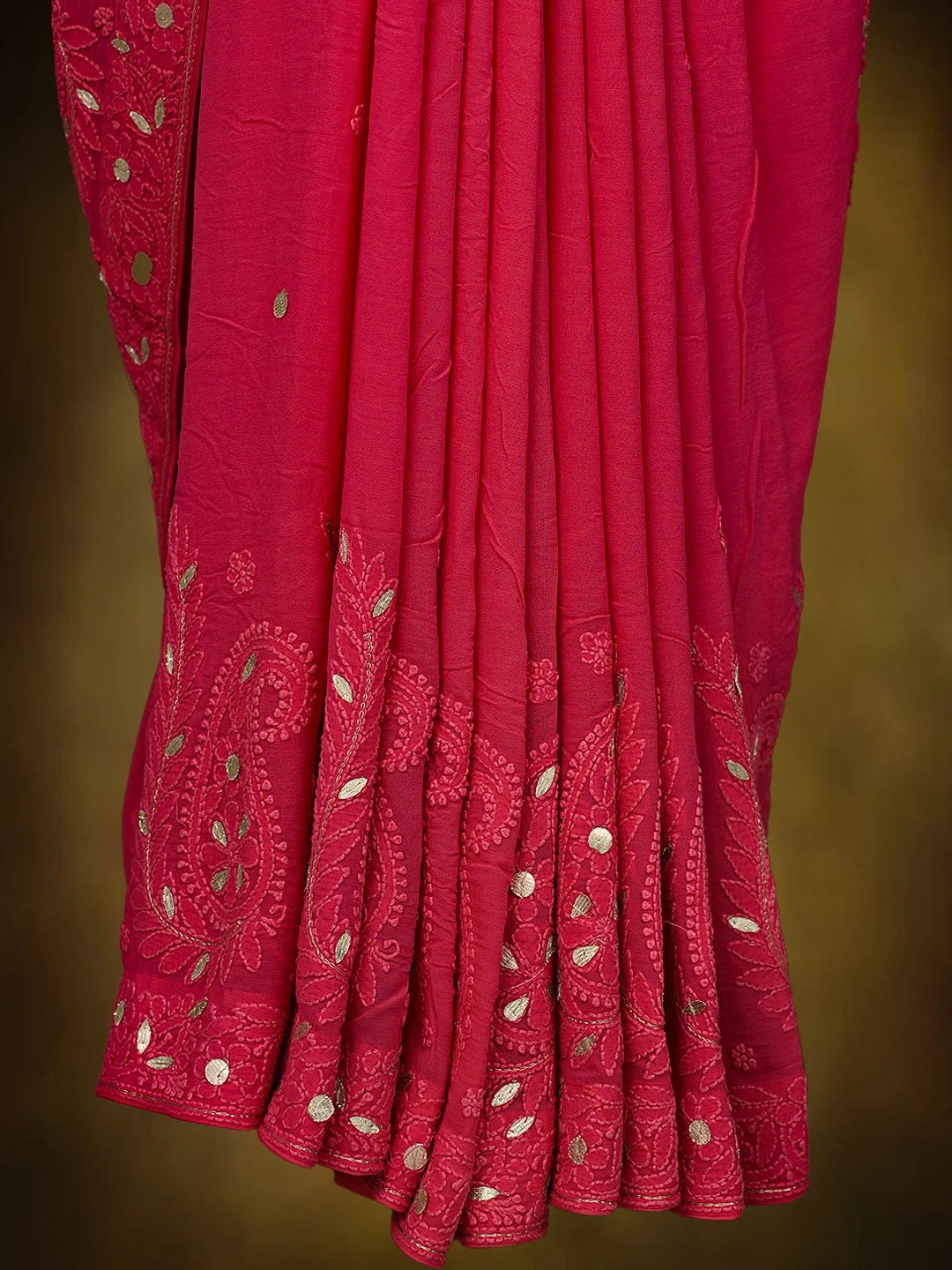 Ada Hand Embroidered Magenta Viscose Georgette Lucknowi Chikankari Saree and Blouse With Gota Patti Work 01A745913