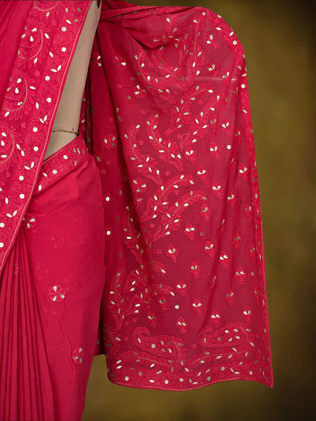 Ada Hand Embroidered Magenta Viscose Georgette Lucknowi Chikankari Saree and Blouse With Gota Patti Work 01A745913