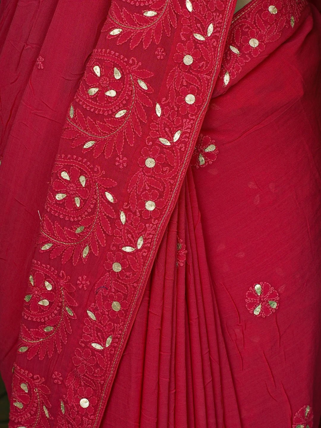Ada Hand Embroidered Magenta Viscose Georgette Lucknowi Chikankari Saree and Blouse With Gota Patti Work 01A745913