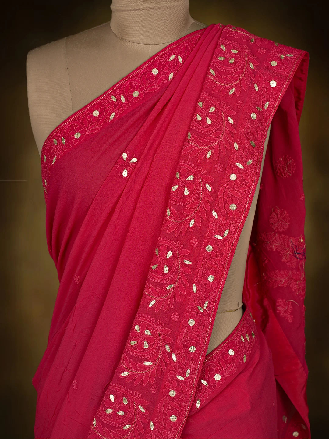 Ada Hand Embroidered Magenta Viscose Georgette Lucknowi Chikankari Saree and Blouse With Gota Patti Work 01A745913