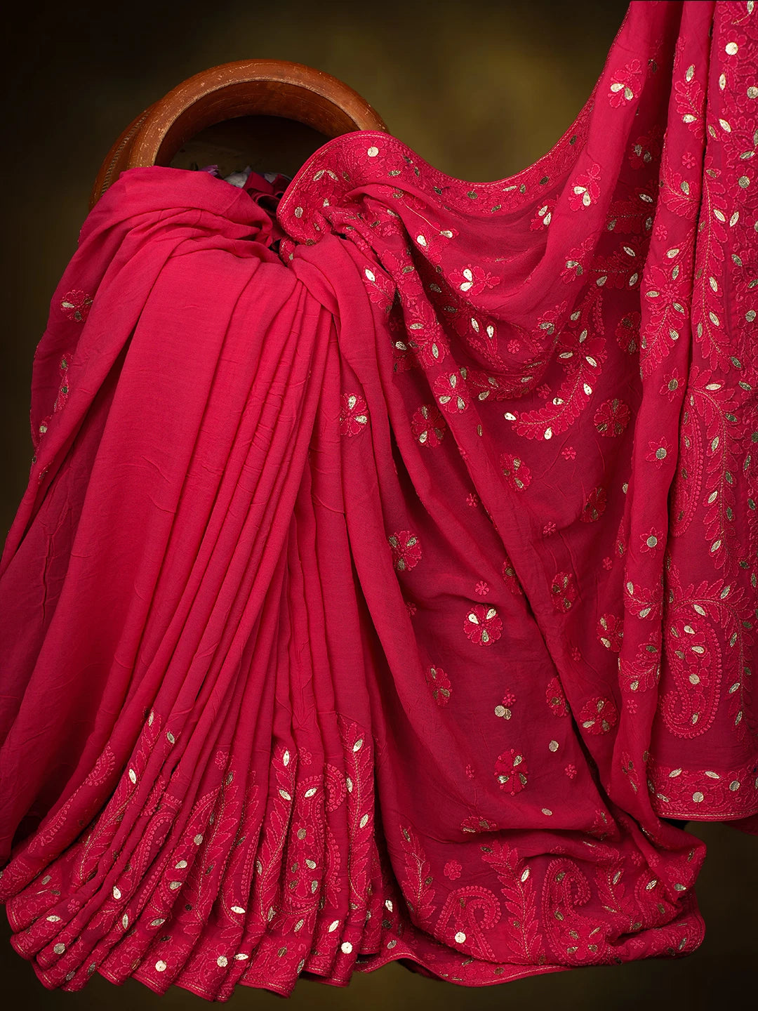 Ada Hand Embroidered Magenta Viscose Georgette Lucknowi Chikankari Saree and Blouse With Gota Patti Work 01A745913