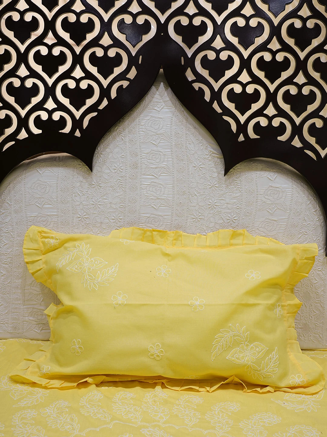 Ada Hand Embroidered Yellow Cotton Lucknowi Chikankari Bed Sheet With Pillow Cover Set 01A785758
