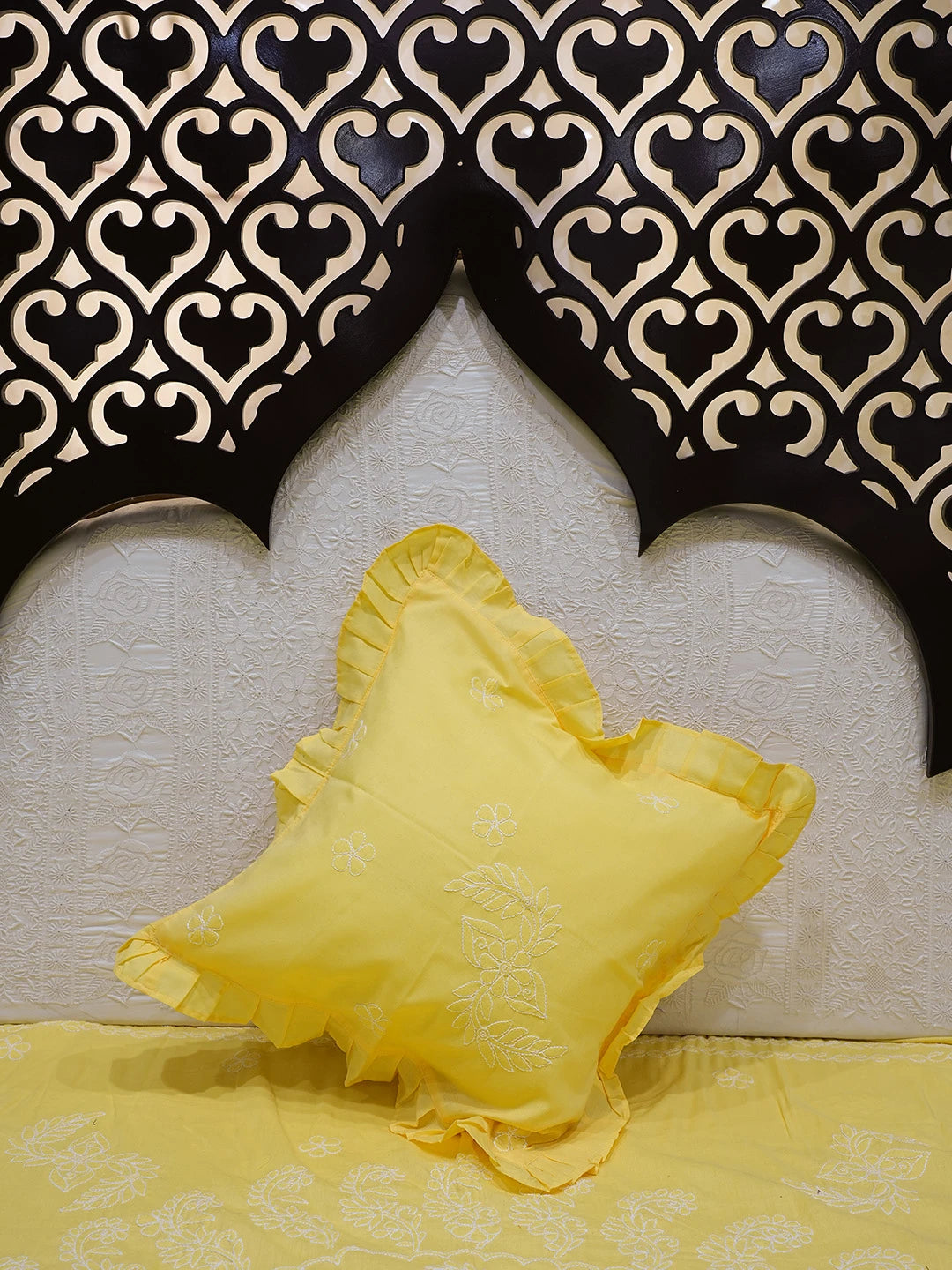Ada Hand Embroidered Yellow Cotton Lucknowi Chikankari Bed Sheet With Pillow Cover Set 01A785758