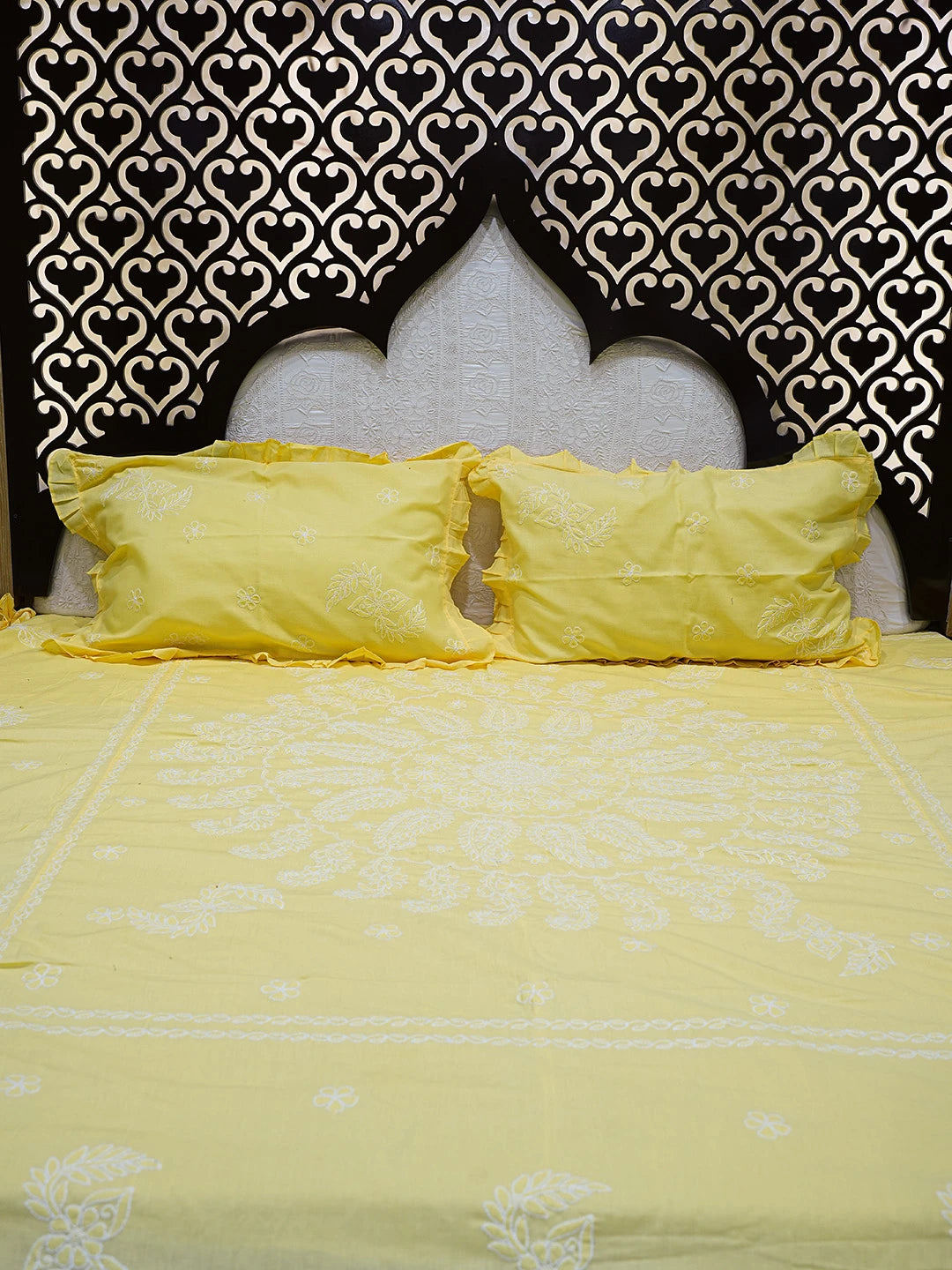 Ada Hand Embroidered Yellow Cotton Lucknowi Chikankari Bed Sheet With Pillow Cover Set 01A785758