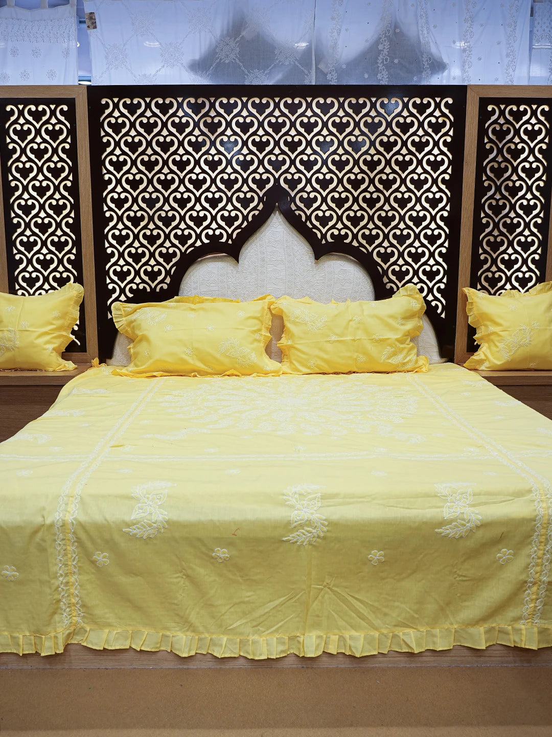 Ada Hand Embroidered Yellow Cotton Lucknowi Chikankari Bed Sheet With Pillow Cover Set 01A785758