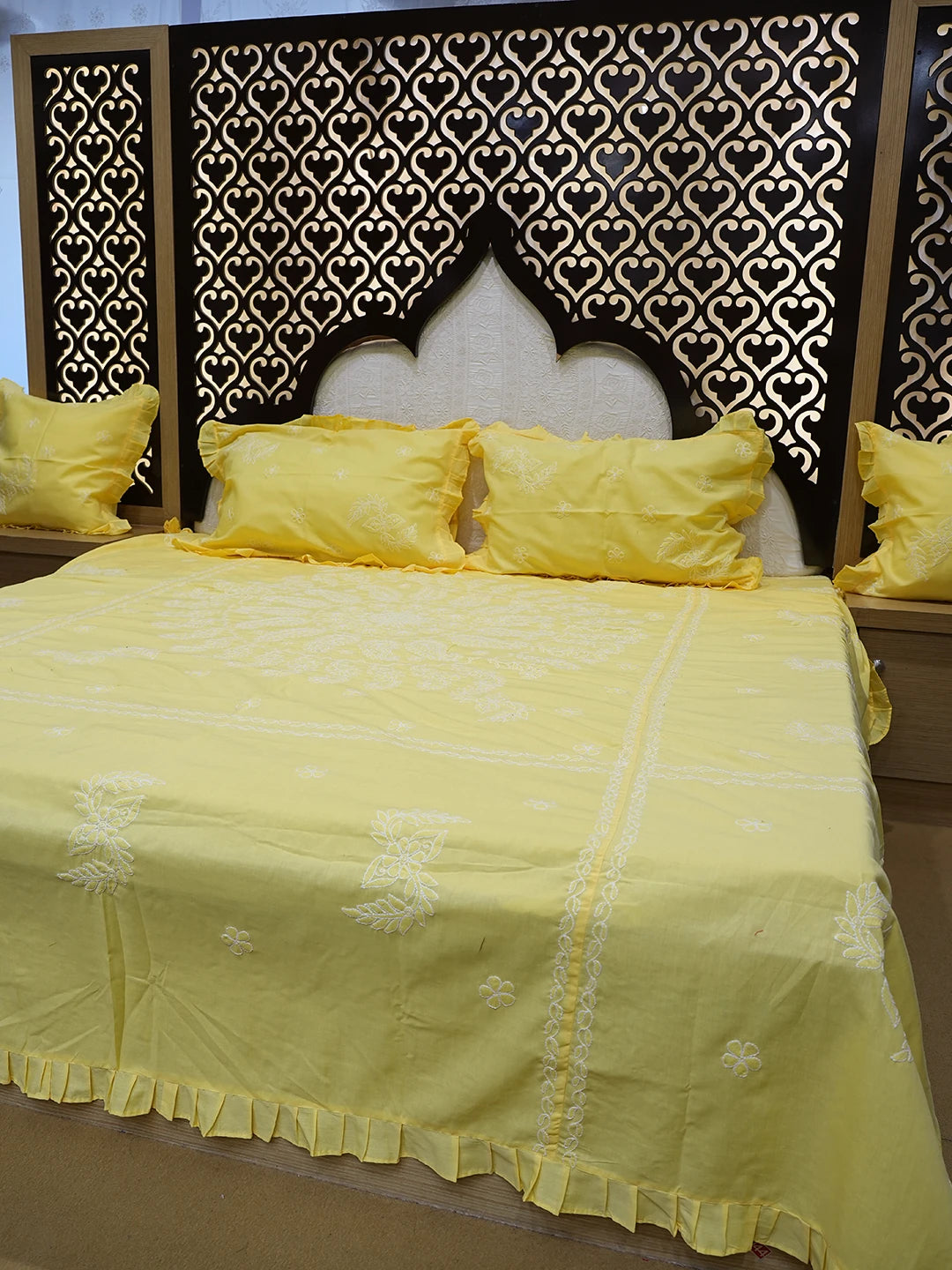 Ada Hand Embroidered Yellow Cotton Lucknowi Chikankari Bed Sheet With Pillow Cover Set 01A785758