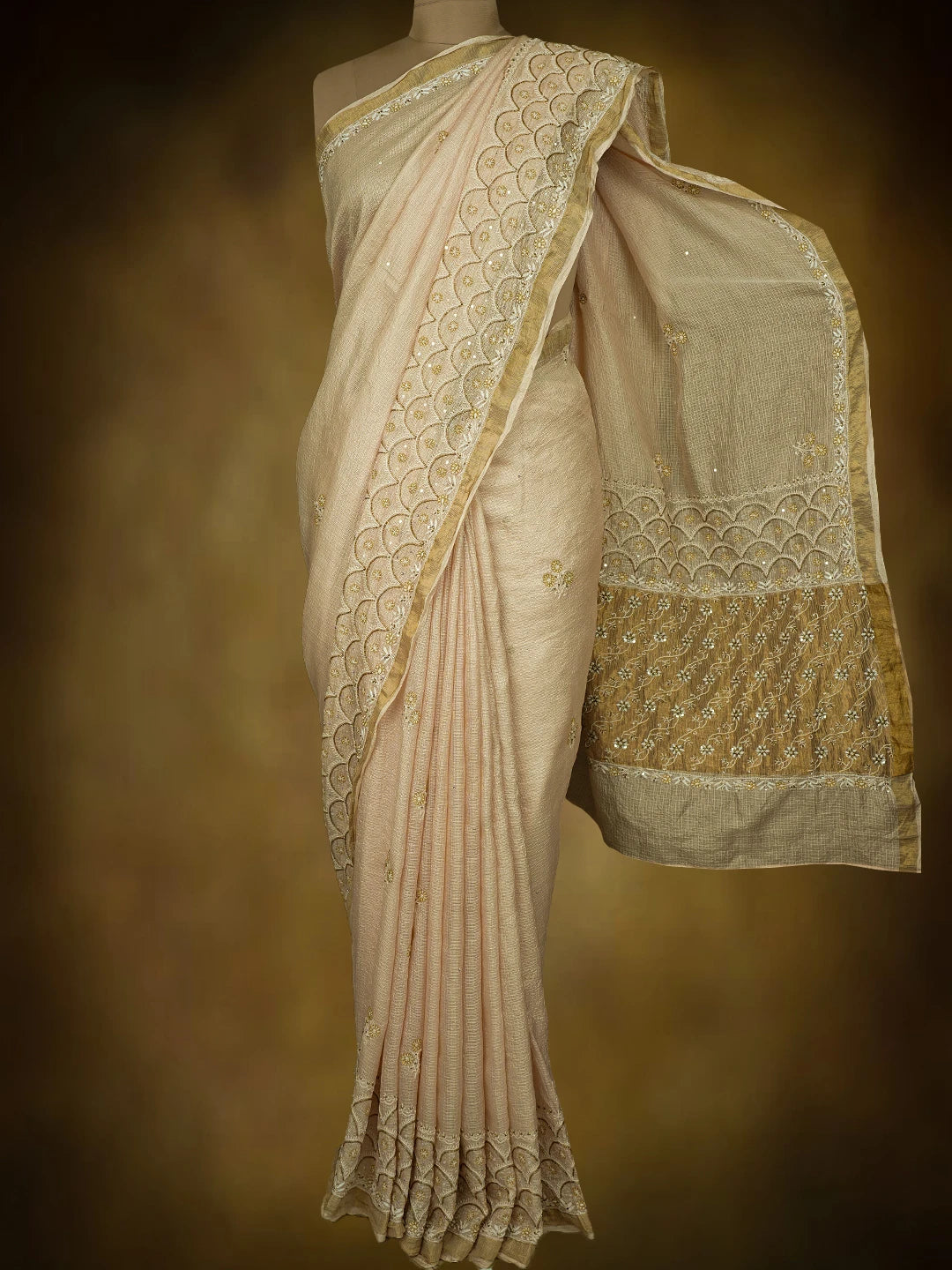 Ada Hand Embroidered Light Dusty Peach Kota Silk Lucknowi Chikankari Saree and Blouse With Cutdana Work 01A728038