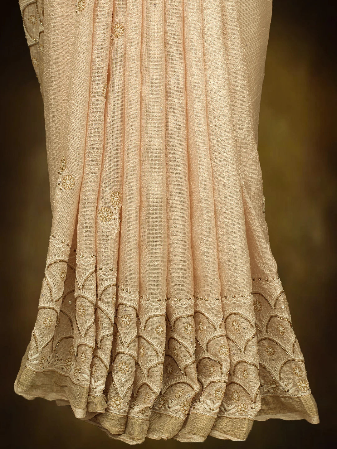 Ada Hand Embroidered Light Dusty Peach Kota Silk Lucknowi Chikankari Saree and Blouse With Cutdana Work 01A728038
